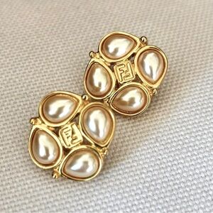 FENDI Gold and Ivory Pearl Stud Earrings